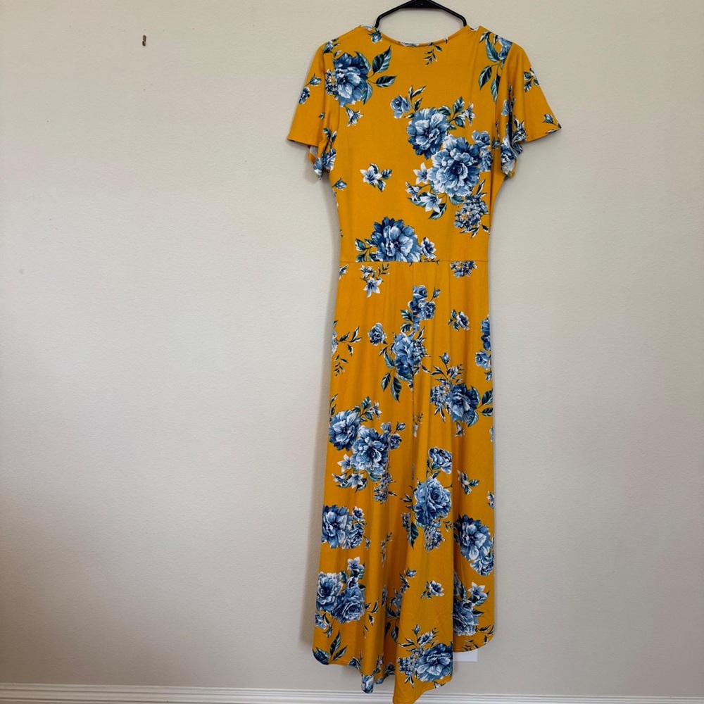 by & by | Mustard Yellow Blue Floral Wrap Maxi Dress | High-Low Hem | Size XL - Picture 2 of 10